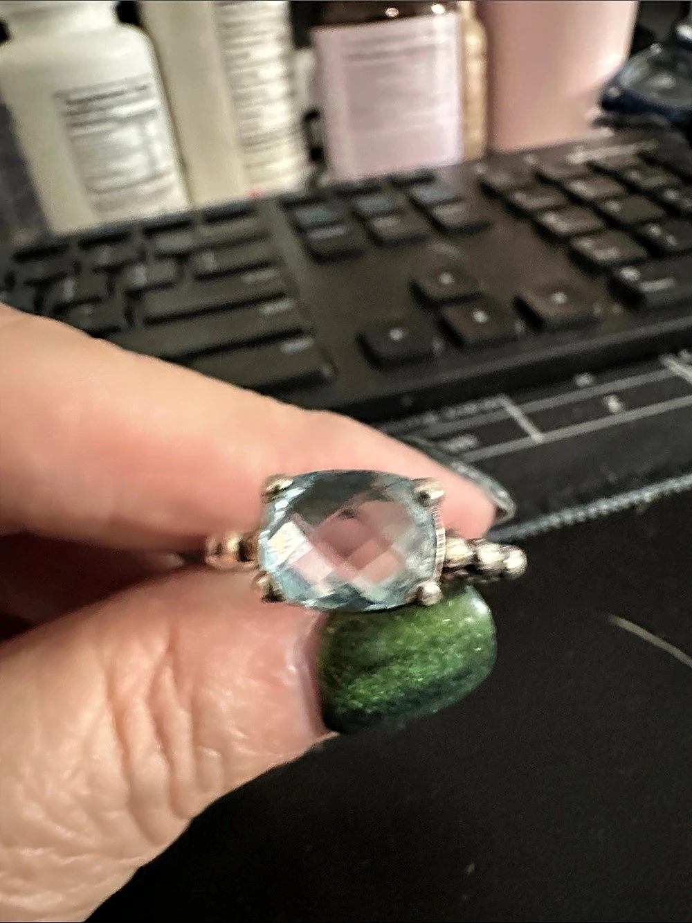 Pandora Aqua Blue Beaded Ring Green Stone Silver-Tone Ring